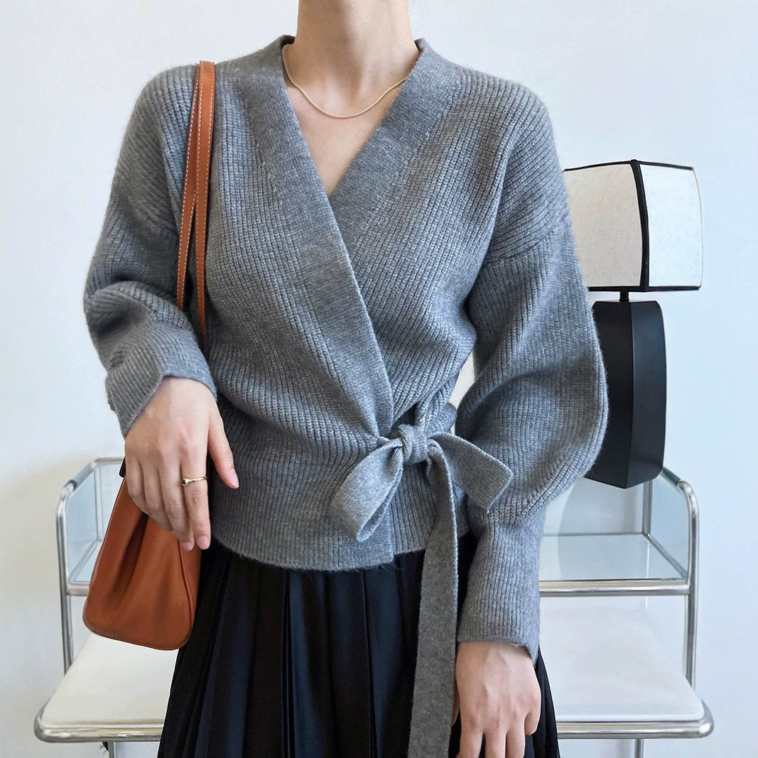 French-style Vintage Collar Lace-up Loose-fitting Knit Cardigan For Outerwear
