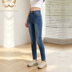Women High Waist Washed Blue Straight Leg Jeans, Casual Stretch Slim Denim Pants With Pockets