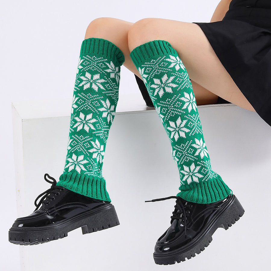 Girls Women Snowflake Print Autumn Winter Lady Knee Length Leggings Thick Warm Female Soft Knitted Boot Socks Leg Warmers