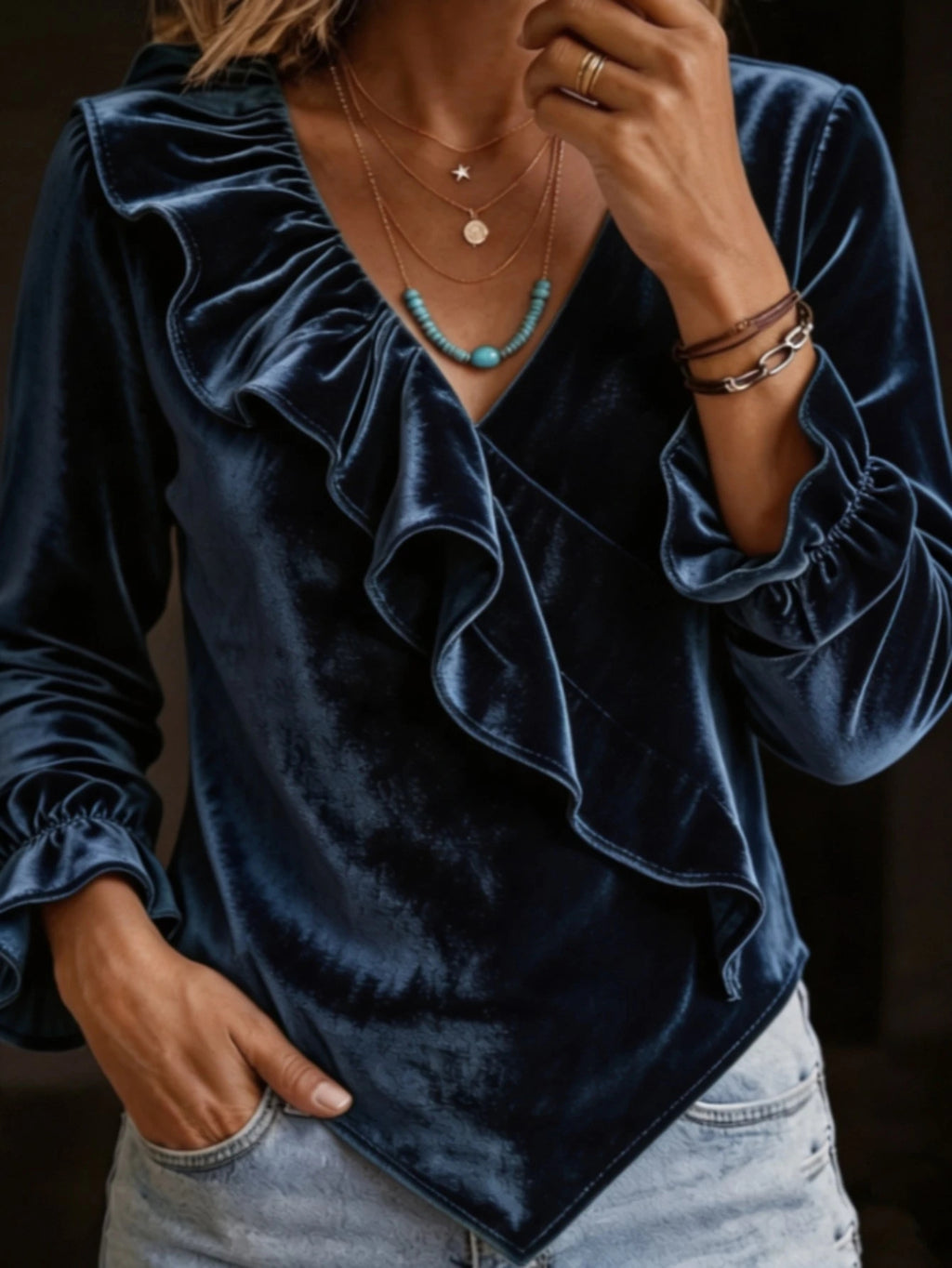 Womens Velvet V-neck Ruffled Top