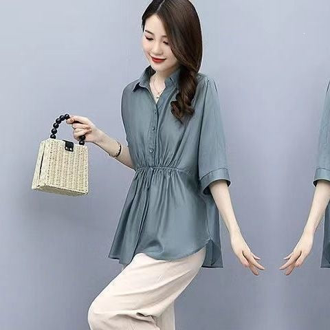 Casual Chic Plus-size Wide-leg Pants Linen Two-piece Set With A Flowing Drape