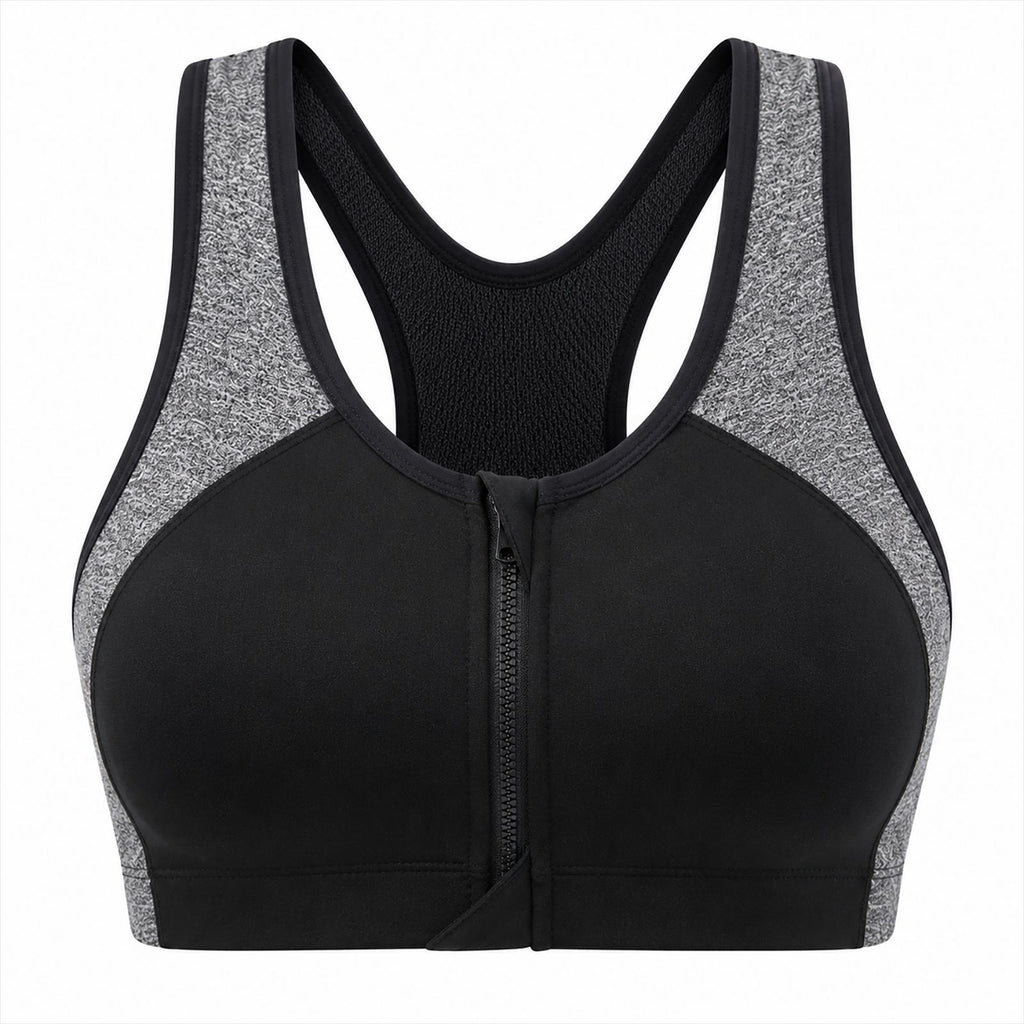Front Zip Supportive Sports Bra - Anti-Cup Migration Design for Women High Impact Workout Fitness Top