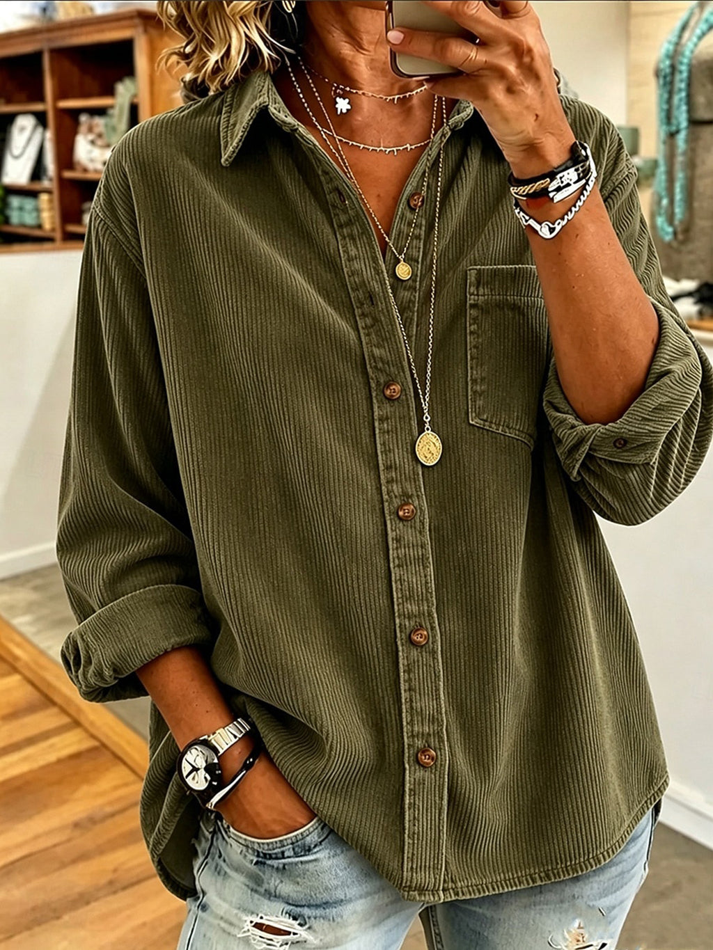 Retro Lapel Long-sleeved Corduroy Casual Loose-fit Thick Women's Garment