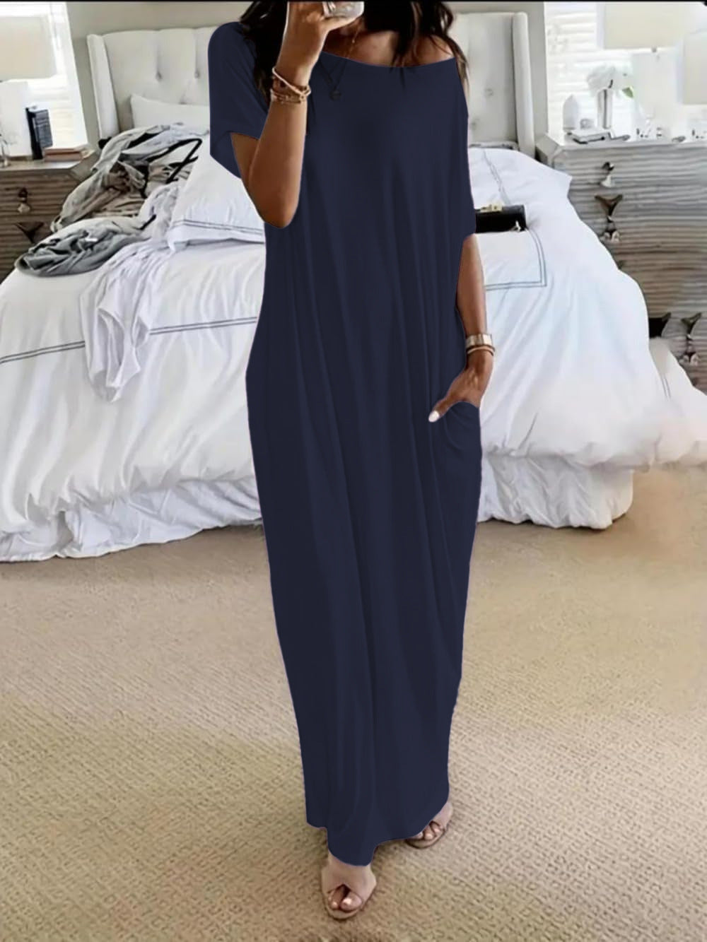 Trendy New Summer Women's Solid Color Short Sleeve Long Casual Dress