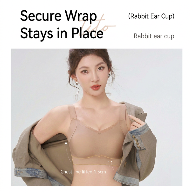 8649Seamless Rabbit-Ear Lifting Bra M-3XL Fixed Inner Cups 3D Lift Cup V-Neck Lace 4-Row Hooks