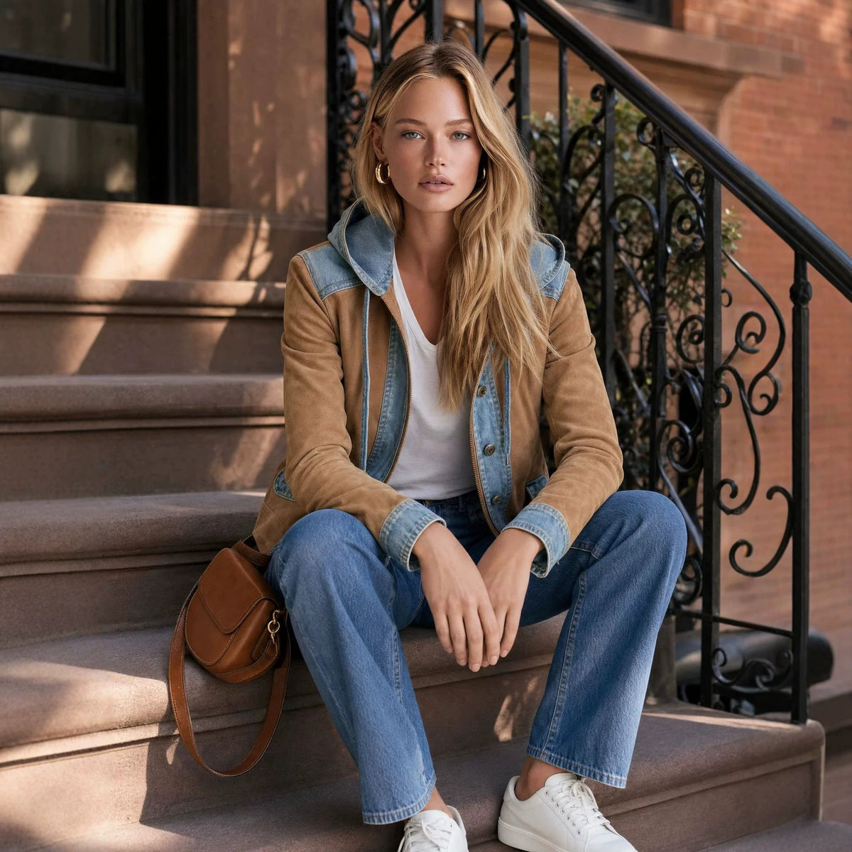 Casual Denim Patchwork Jacket With Hood For Women