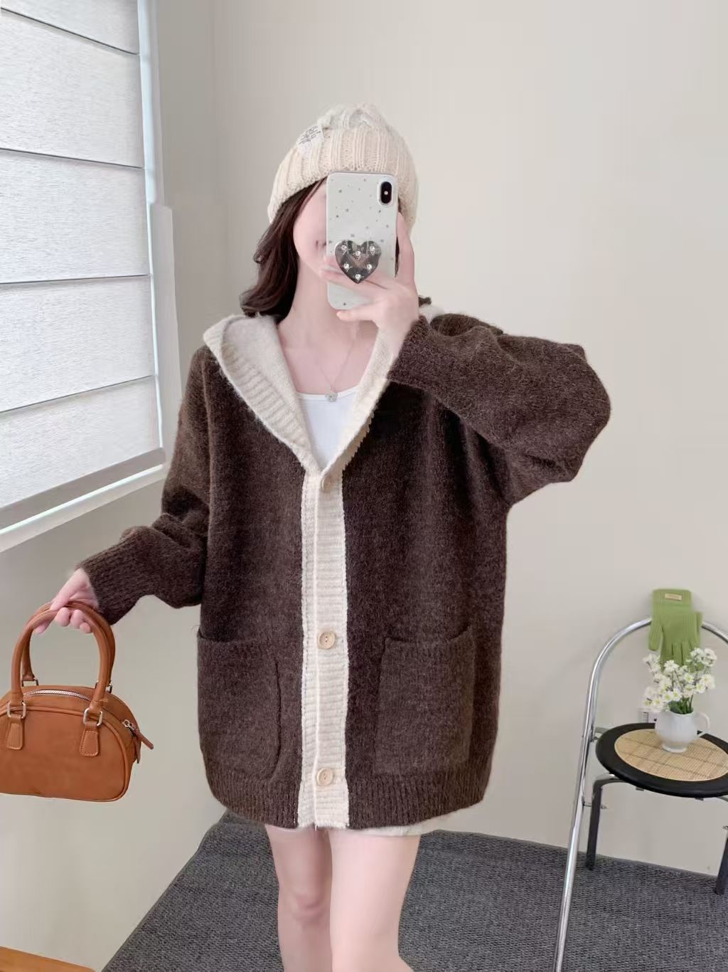 Women 2026 Fall Winter New,Hooded Knit Cardigan,Mid-Length With Pockets,Loose Lazy-Style Versatile Sweater Coat