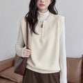 Dark Gray Crew-neck Half-zip Knit Vest Layered Over A Gray College-style Sweater Vest