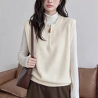 Dark Gray Crew-neck Half-zip Knit Vest Layered Over A Gray College-style Sweater Vest
