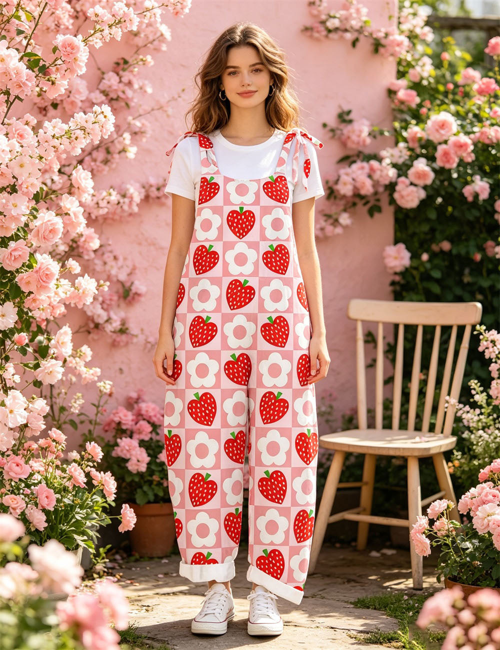 Women Floral Stripe Print Overalls, Adjustable Tie Shoulder Wide Leg Bib Pants Casual Jumpsuit