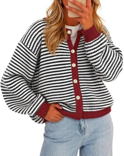 Hot Selling Women's Fall Winter Casual Striped Button Cardigan Knit Sweater Top