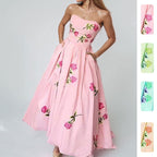 New Summer Women's Clothing European And American Style Printed Dress Elegant High-Waisted Flared Strapless Gown Long Dress