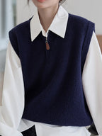 Dark Gray Crew-neck Half-zip Knit Vest Layered Over A Gray College-style Sweater Vest