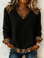 Womens Long-Sleeved Leopard-Print Patchwork V-Neck Knit Sweater