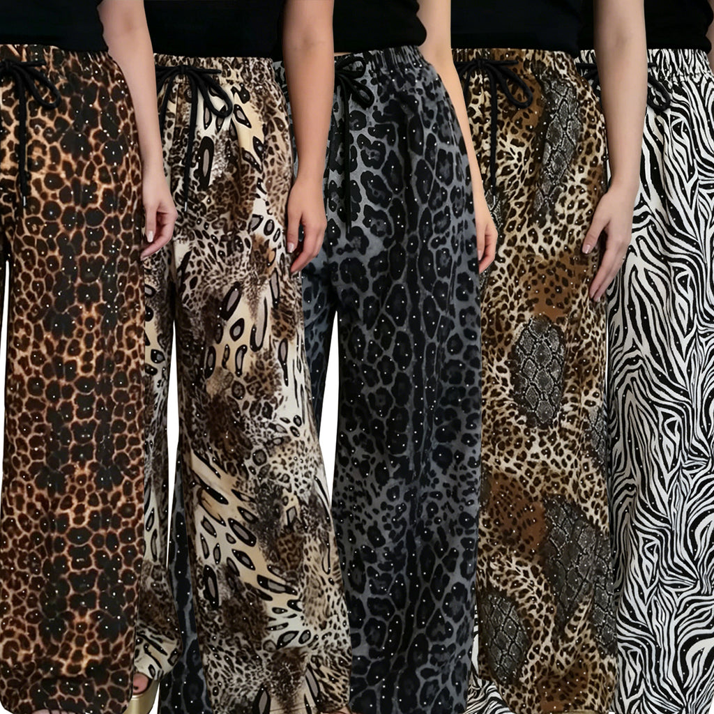 C7768 Cross-border 2026 New Women's Fashion Rhinestone Drawstring Loose Wide-Leg Pants Vintage Animal Print Casual Trousers