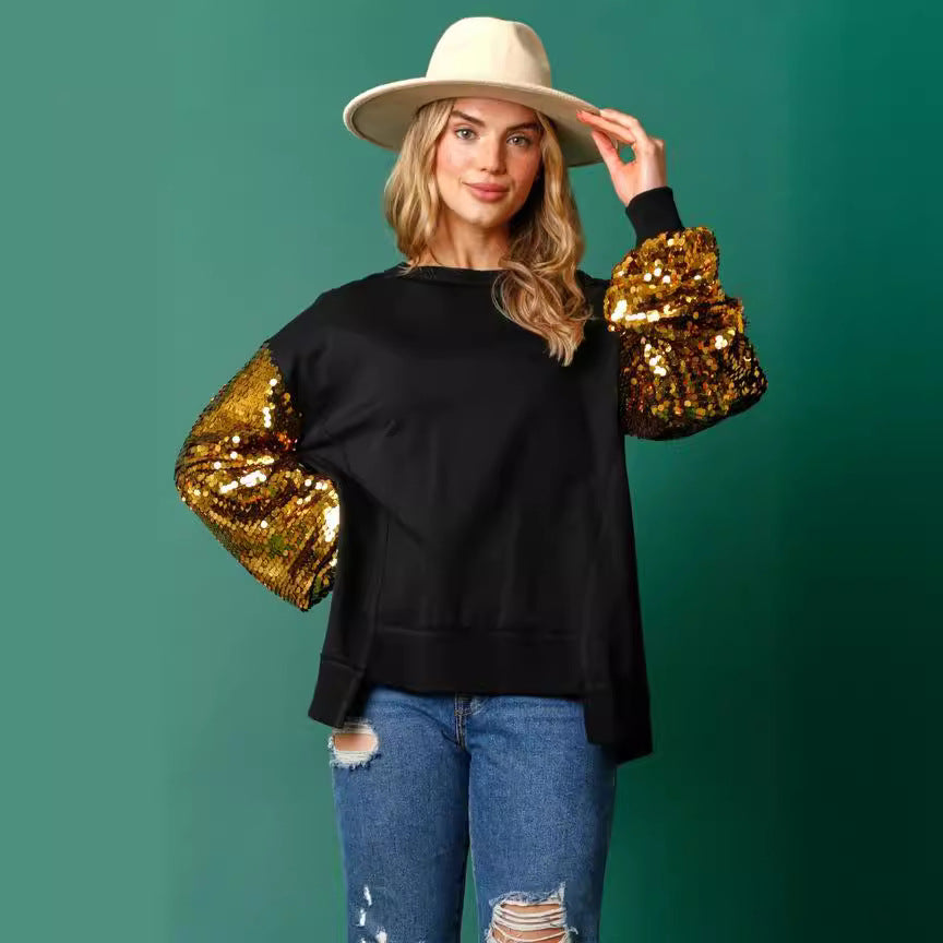 Christmas Sequined Sleeve Top Spliced Long-Sleeve Womens Sweatshirt