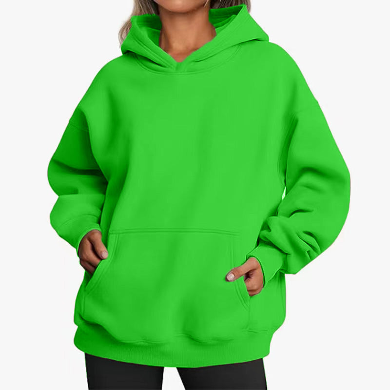 Women's Solid-color Long-sleeved Loose-fitting Hooded Sweatshirt With Pocket