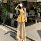 Yellow Halter-top And Waist-cinching Wide-leg Pants Summer Two-piece Set