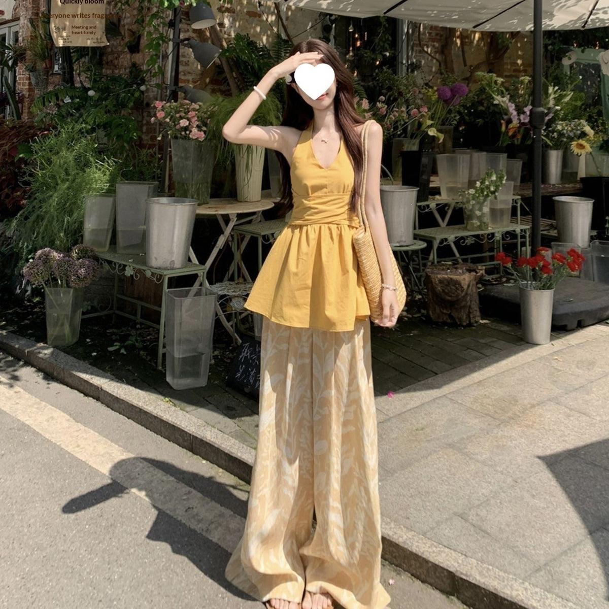 Yellow Halter-top And Waist-cinching Wide-leg Pants Summer Two-piece Set