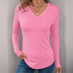 Solid-color Long-sleeved Casual V-neck Elegant Blouse