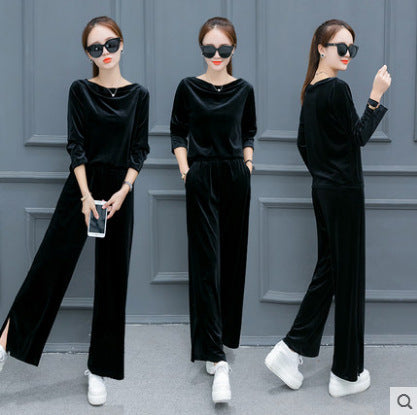 Womens Solid-color Halter-neck Split Wide-leg Pants Long-sleeve Casual Set