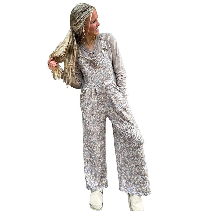 High-waisted Camo-print Jumpsuit With Pockets